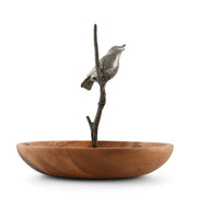Bronze Song Bird Wood Tidbit Server Bowl with metal bird perched on branch, wooden shallow dish base