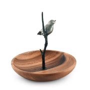 Bronze Song Bird Wood Tidbit Server Bowl with metal bird perched on dark stem