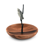 Bronze Song Bird Wood Tidbit Server Bowl with black stem and metal bird accent