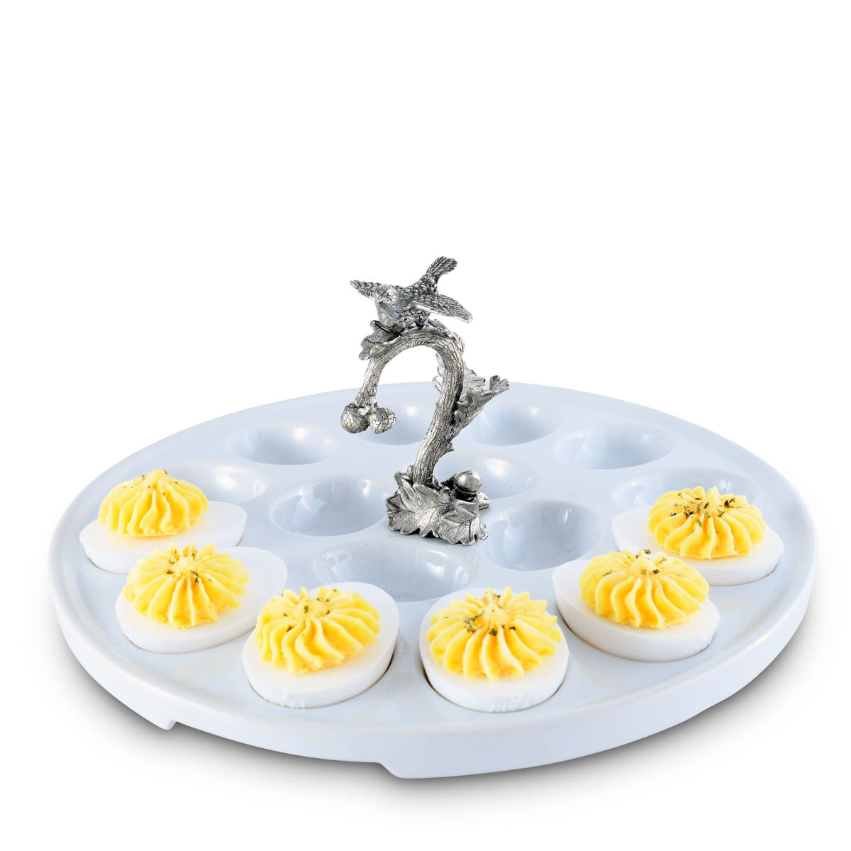 Deviled Egg Tray with Pewter Song Bird Handle, white ceramic with six yellow piped eggs and ornamental bird topper