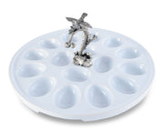 Deviled Egg Tray with Pewter Song Bird Handle, white ceramic round platter with twelve egg cups and silver bird finial.