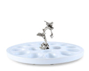 Deviled Egg Tray with Pewter Song Bird Handle, white ceramic with silver bird figurine on curved branch stem