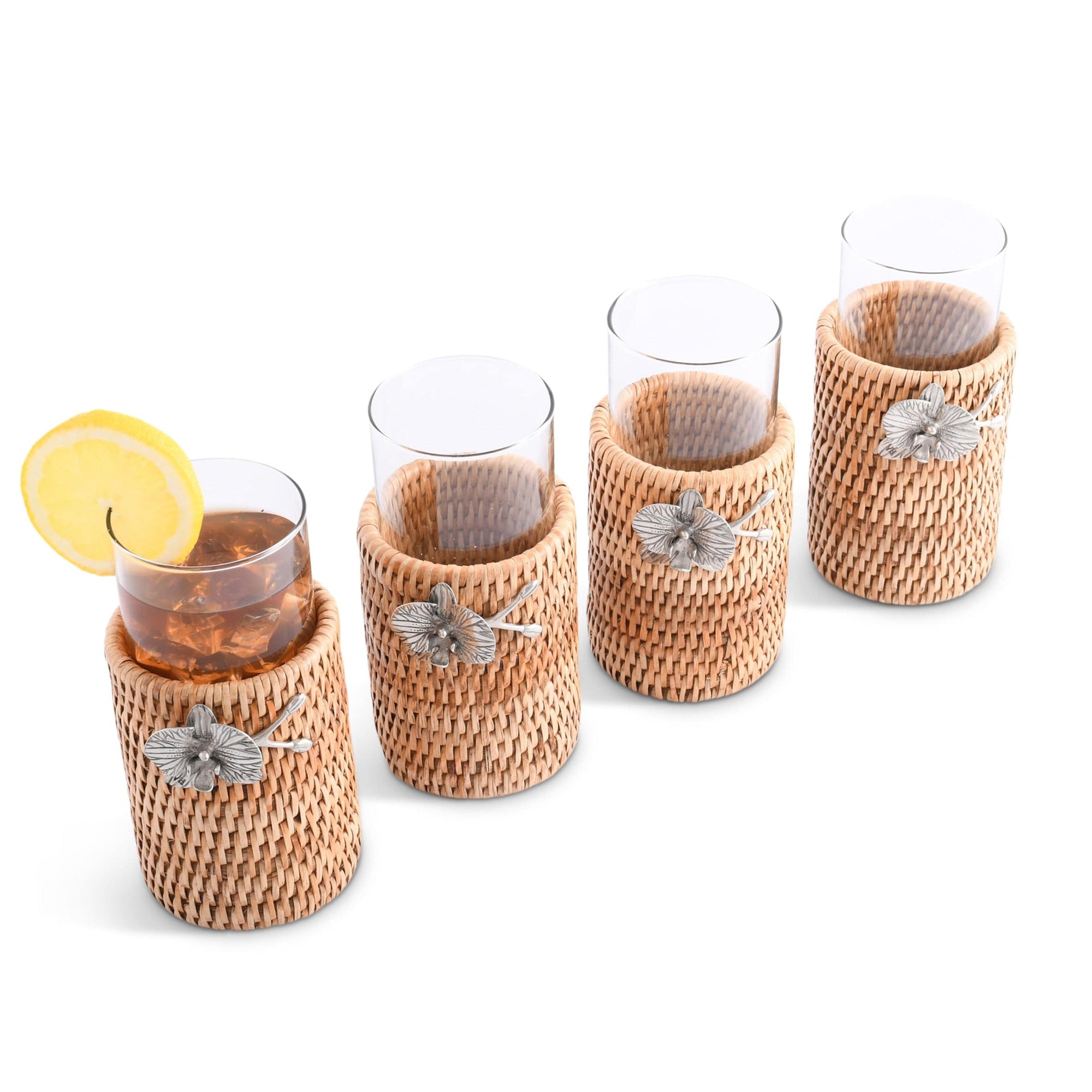 Orchid Drinking Glass Covered with Hand Woven Wicker Rattan - Set of 4