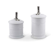 Cowboy Boot Stoneware Canister in white with silver boot-shaped lid finial, shown in two sizes