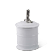 Cowboy Boot Stoneware Canister with white ceramic container and silver boot-shaped lid finial.