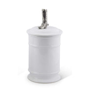 Cowboy Boot Stoneware Canister with silver boot finial on white ceramic container with lid
