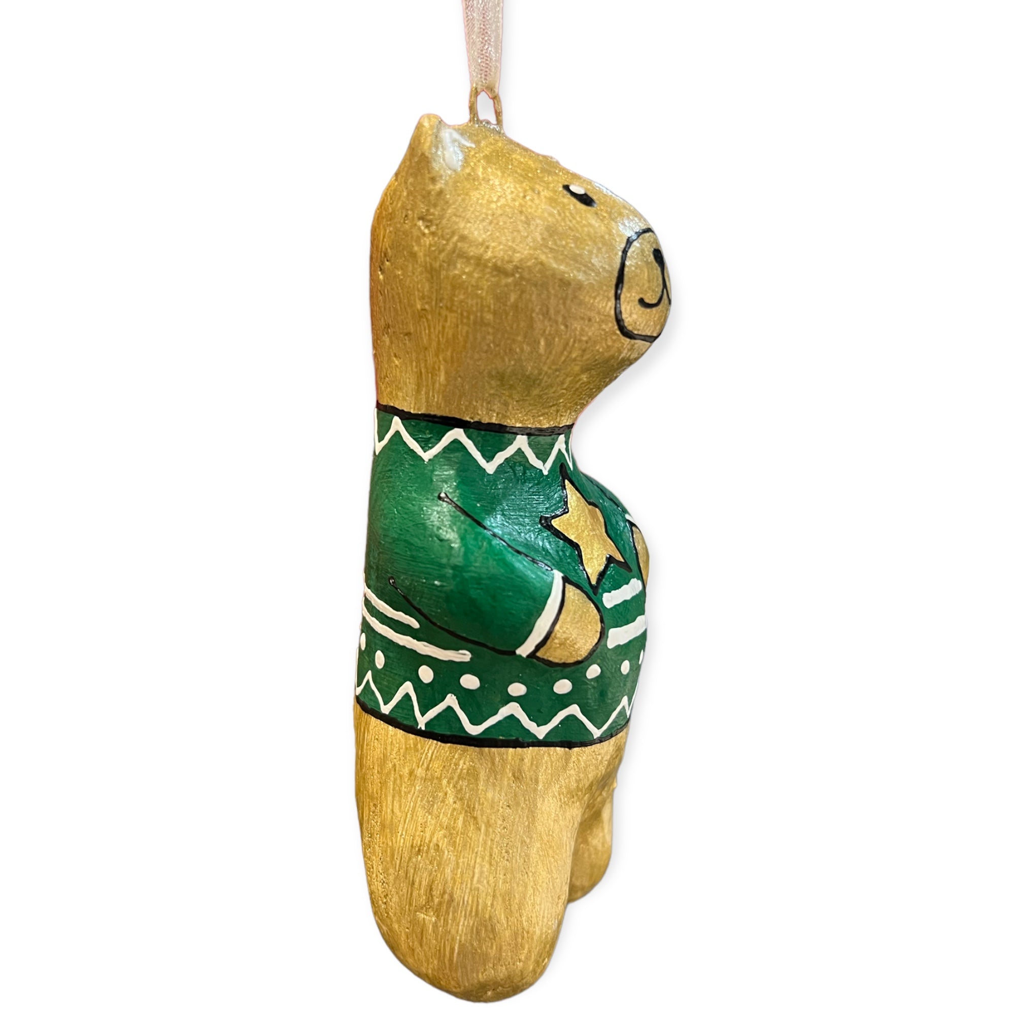 Gold Bear with Green Jumper - Made in Ukraine Christmas Ornament