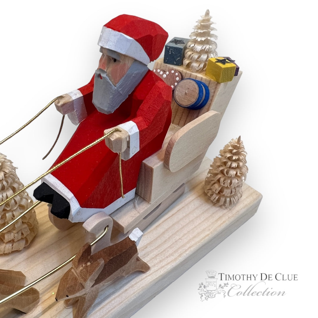 Carved Wood Hand Crafted Candle Holder Santa, Sleigh and Reindeer (Made in Germany) Timothy De Clue Collection Seattle