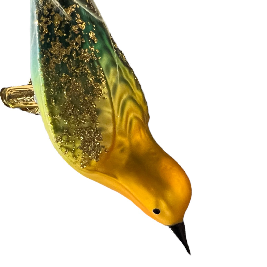 Summer Color Song Clip Bird Goldenrod/Green Hand-Blown Glass Christmas Ornament | Made in Germany