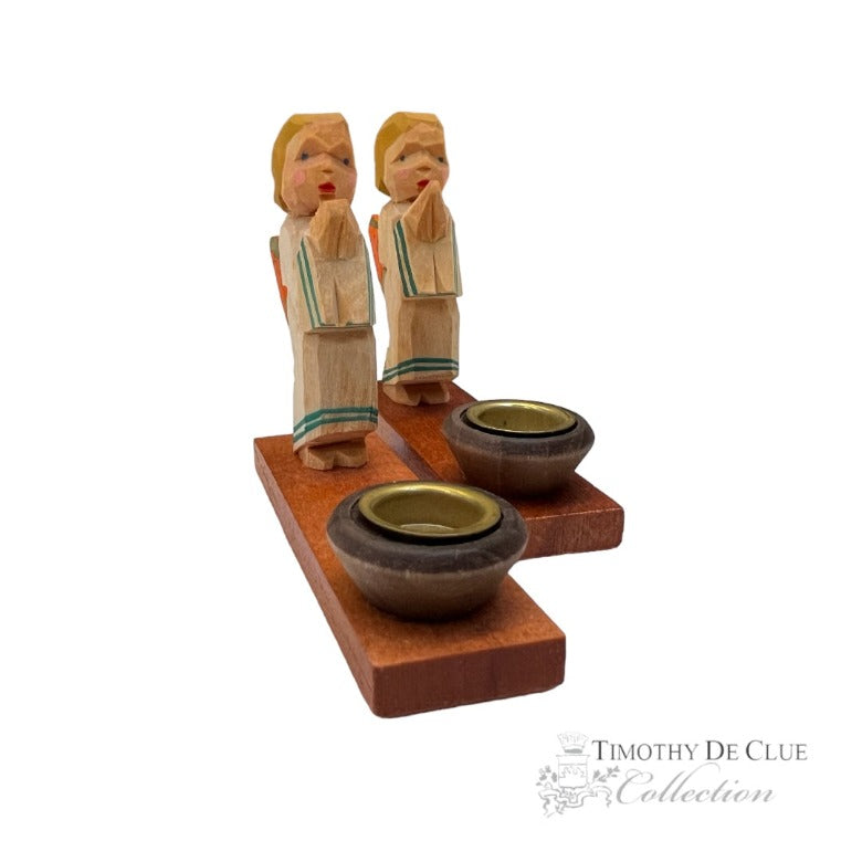 Vintage Wooden Hand Carved Praying Angels Set 2 Orange Wings Candle Holder- Old New Stock (made in GDR East Germany)