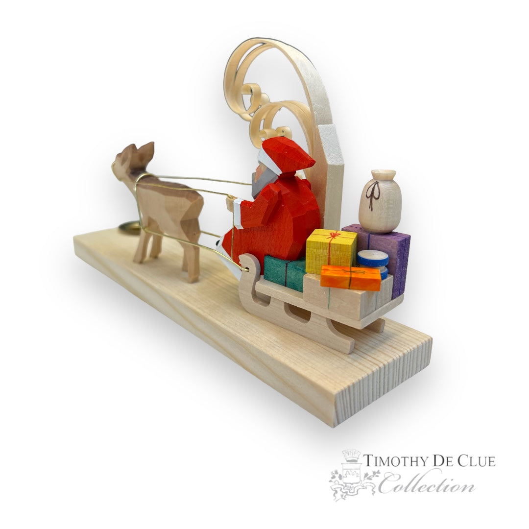Carved Wood Hand Crafted Candle Holder Santa, Spiral Tree Sleigh and Reindeer (Made in Germany) Timothy De Clue Collection 