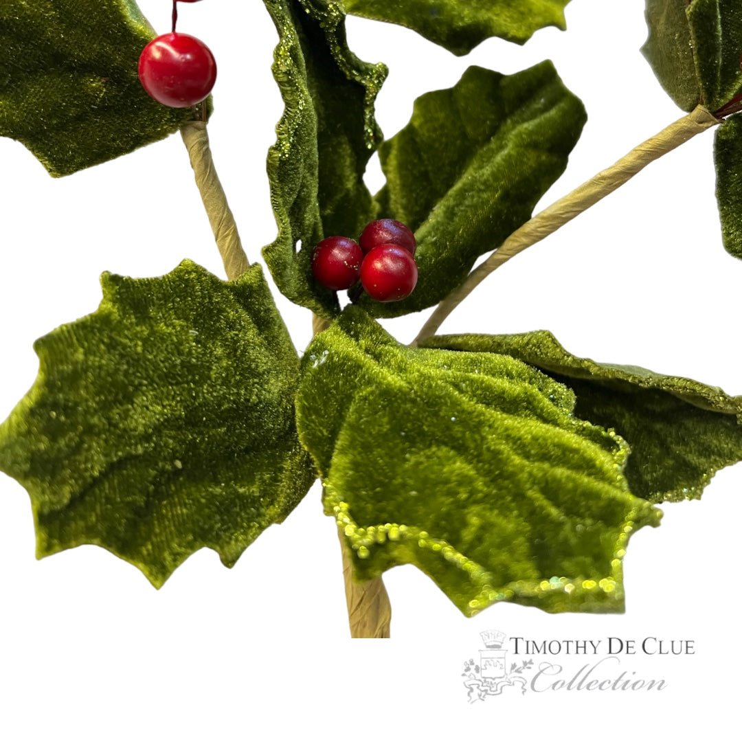 Velvet Holly Pick / Garland with Glitter and Red Berries- Christmas Decoration Timothy De Clue Collection