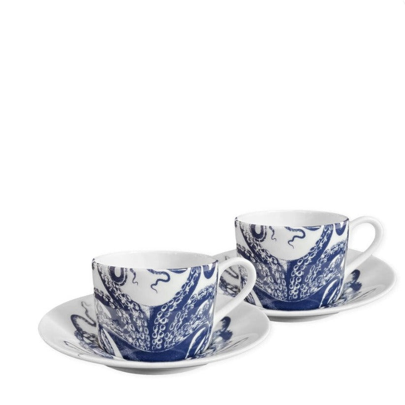 Blue Italian Teacups and Saucers (Set of 4)