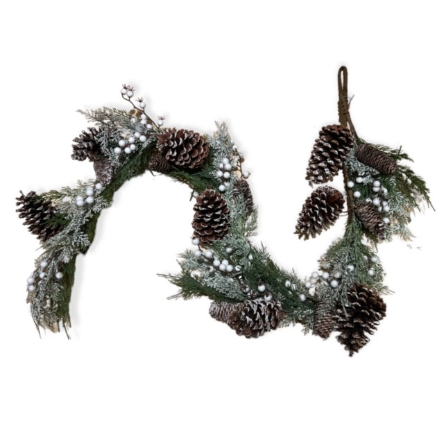 Snowy Artificial Pine Cone Garland with Red Berries Christmas Decor