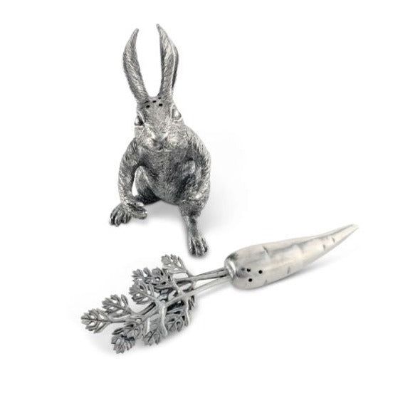 Pewter Bunny Rabbit Holding Carrot Salt and Pepper Set Timothy De Clue Collection 