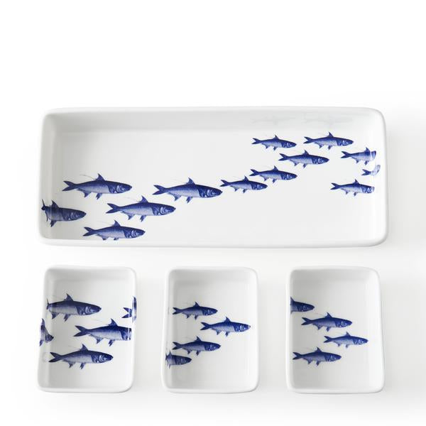 Blue School of Fish Nested Appetizer Tray Set - Timothy De Clue Collection 